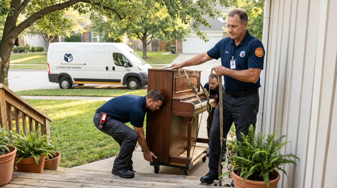 Licensed piano movers securing grand piano in Decherd, TN