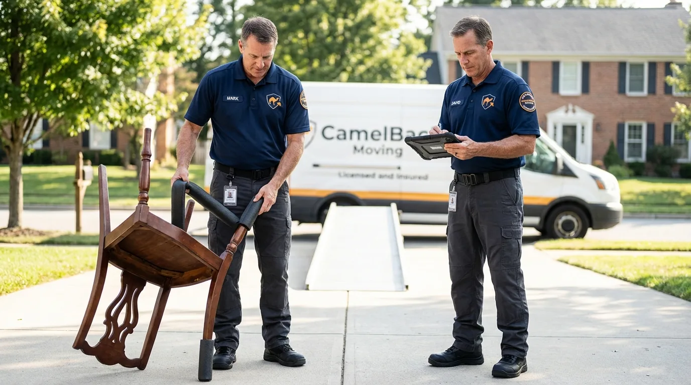 Movers inspecting furniture for damage prevention before loading in Decherd, TN